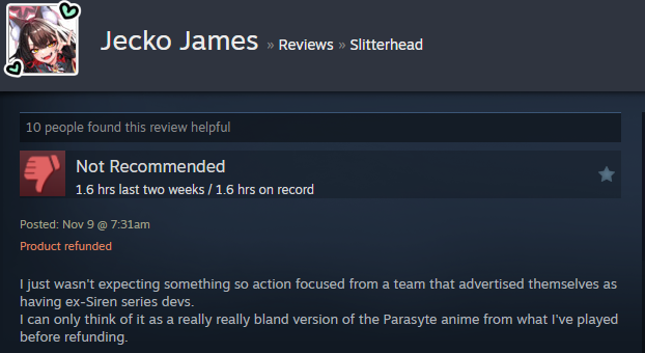 Screenshot showing a Steam user review of Slitterhead.